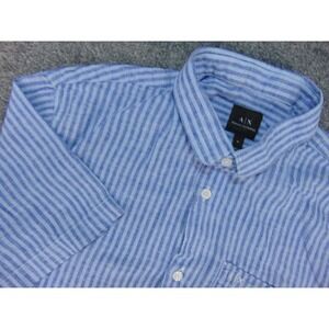 Armani Exchange Shirt Mens Med Regular Blue Striped Linen Blend Button Front